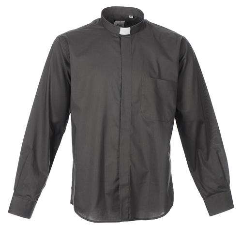 STOCK Clergy shirt, long sleeves in dark grey mixed cotton 1