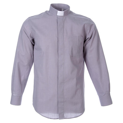 STOCK Clergyman shirt in light grey fil a fil cotton, long sleeves 1