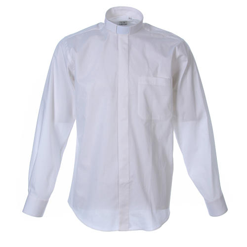 STOCK Clergyman shirt in white popeline cotton, long sleeves 1