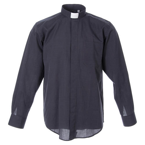 STOCK Clergyman shirt in dark grey fil-a-fil cotton, long sleeves 1