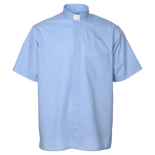 STOCK Clergy shirt, short sleeves in light blue mixed cotton 1