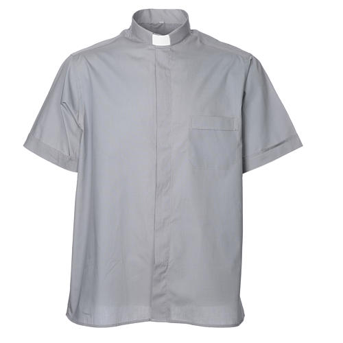 STOCK Clergy shirt, short sleeves in light grey mixed cotton 1