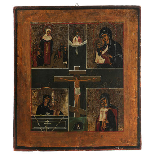 Ícono Ruso antiguo Crucifijo con Virgen 1