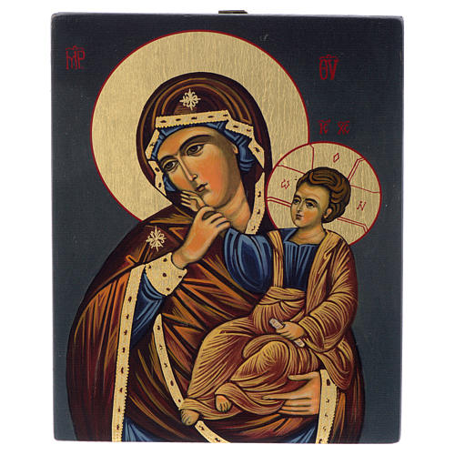 Ícone bizantino Virgem com o Menino pintado à mão 14x10 cm 1