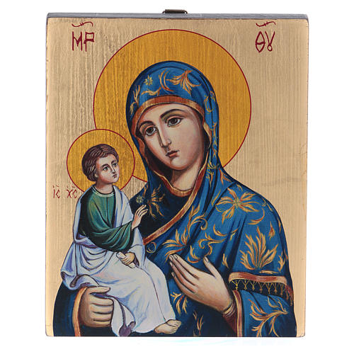 Icono pintado a mano técnica bizantina sobre madera Virgen Capa Azul 13x16 cm 1