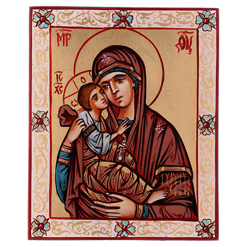 Carved icon of the Virgin Mary with pink mantle and Baby Jesus 24x18 cm 1