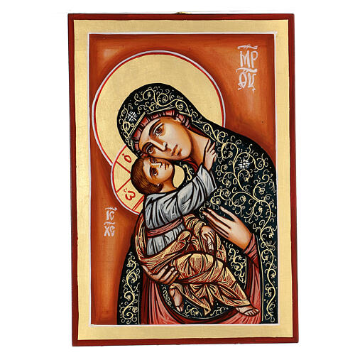 Carved icon of the Virgin Mary with green mantle and Baby Jesus 30x20 cm 1