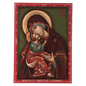 Icono Virgen con niño capa roja tallada 45x30 cm Rumanía