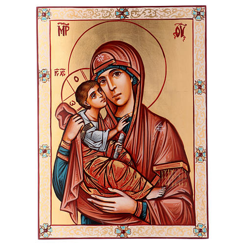 Icône Vierge à l'Enfant cape rose fond doré 45x30 cm Roumanie 1