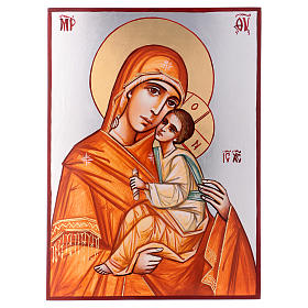 Rumänische Ikone Madonna mit Kind in orangefarbenen Mantel, handgemalt, 45x30 cm