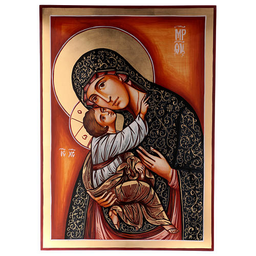 Rumänische Ikone Madonna mit Kind in grünen Mantel, handgemalt, 70x50 cm 1