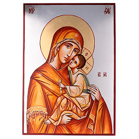 Rumänische Ikone Madonna mit Kind in orangefarbenen Mantel, 70x50 cm