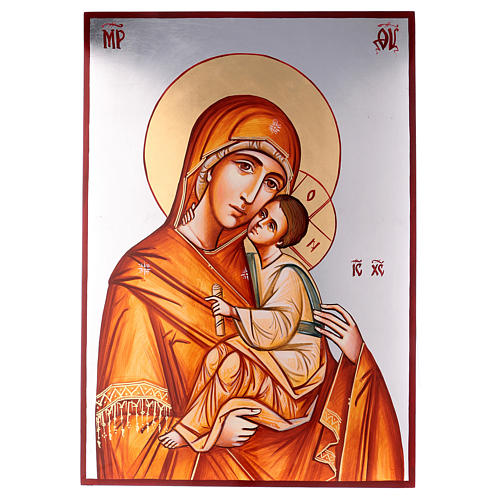 Rumänische Ikone Madonna mit Kind in orangefarbenen Mantel, 70x50 cm 1