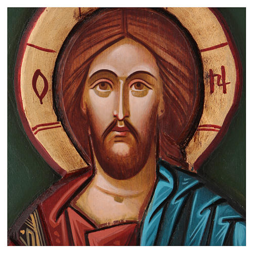 Icono pintado Cristo Pantocrátor fondo verde 30x20 cm 2