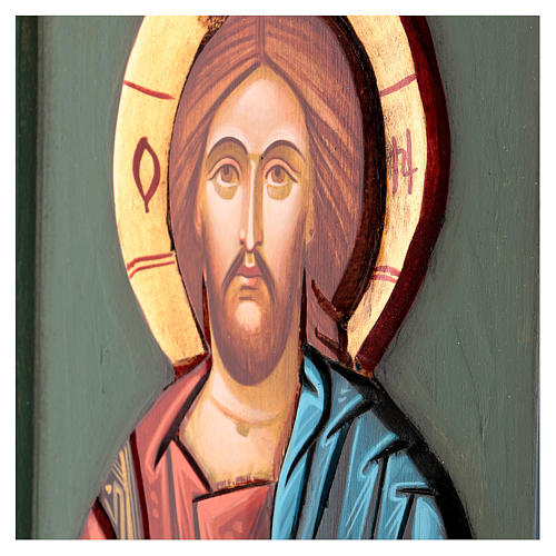 Icono pintado Cristo Pantocrátor fondo verde 30x20 cm 3