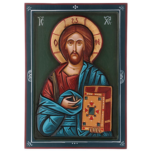 Icona dipinta Gesù Pantocratore sfondo verde 30x20 cm 1