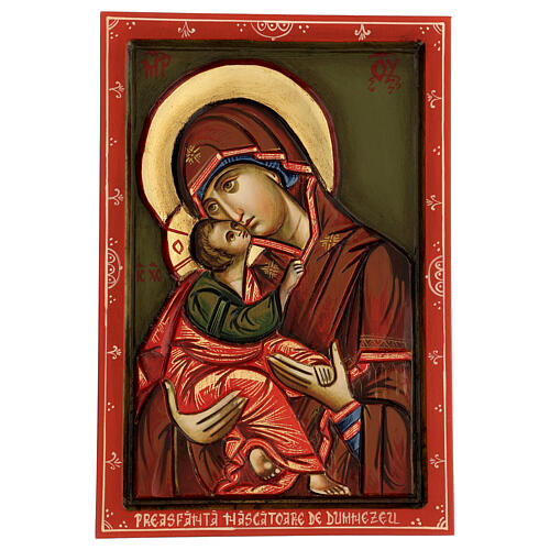 Icône entaillée Vierge à l'Enfant cape rouge 30x20 cm 1