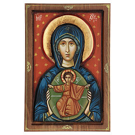 Icono Rumanía Virgen con niño tallado fondo rojo 30x20 cm