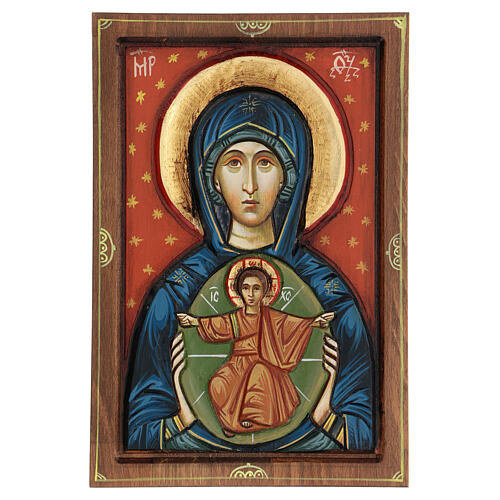 Icono Rumanía Virgen con niño tallado fondo rojo 30x20 cm 1