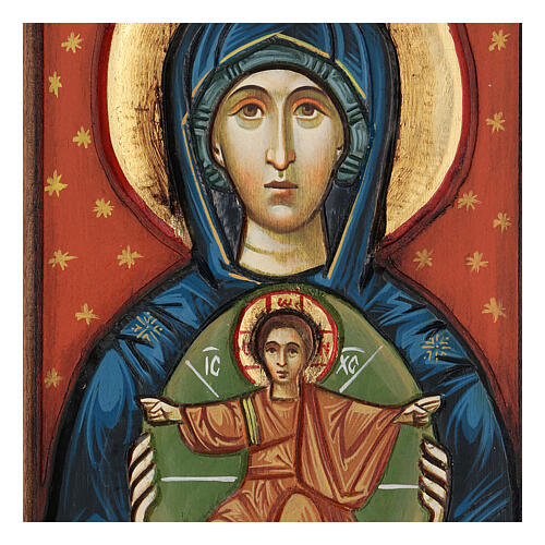 Icono Rumanía Virgen con niño tallado fondo rojo 30x20 cm 2