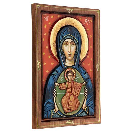 Icono Rumanía Virgen con niño tallado fondo rojo 30x20 cm 3