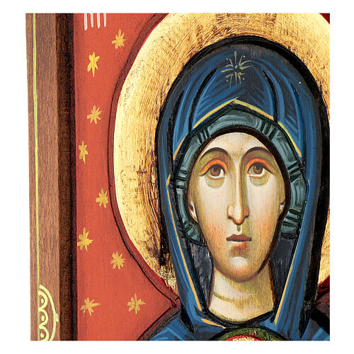 Icono Rumanía Virgen con niño tallado fondo rojo 30x20 cm 4