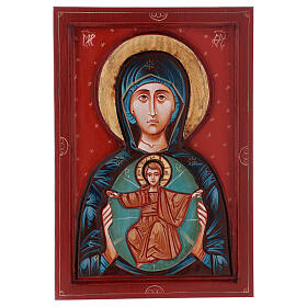 Ícones Pintados Roménia: Ícone Roménia Mãe de Deus entalhado fundo vermelho 30x20 cm