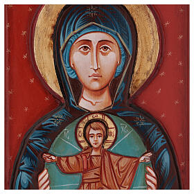 Ícones Pintados Roménia: Ícone Roménia Mãe de Deus entalhado fundo vermelho 30x20 cm