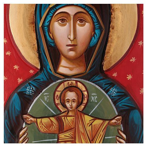 Rumänische Ikone Madonna mit Kind, vor rotem Grund, geschnitzt, 45x30 cm 2