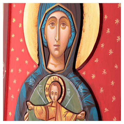 Rumänische Ikone Madonna mit Kind, vor rotem Grund, geschnitzt, 45x30 cm 3