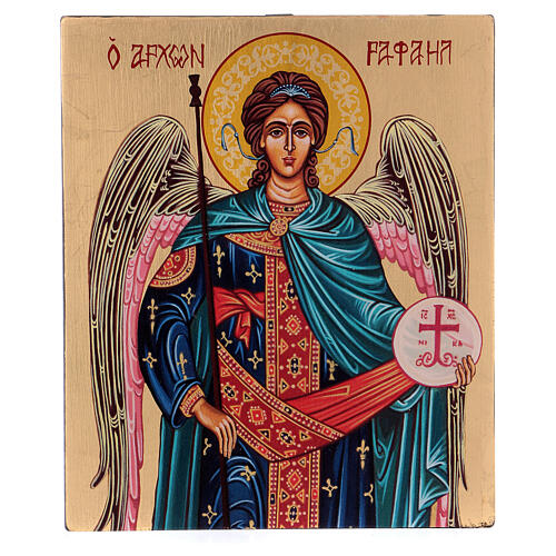Hand painted icon Archangel Raphael on golden background 18x14 cm Romania 1