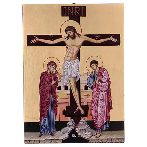 Rumänische Ikone, Kreuzigung Christi vor Goldgrund, handgemalt, 24x18 cm 1