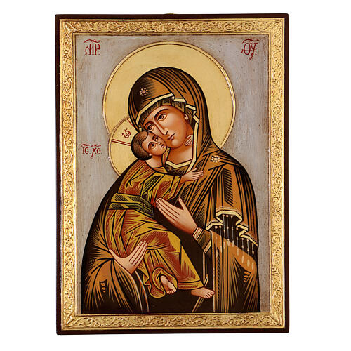Icono Madre de Dios Vladimirskaja fondo blanco 30x25 cm pintado Rumanía 1