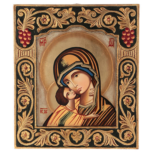 Ícone pintado Madre de Deus Vladimirskaja moldura entalhada Roménia 38x32 cm 1