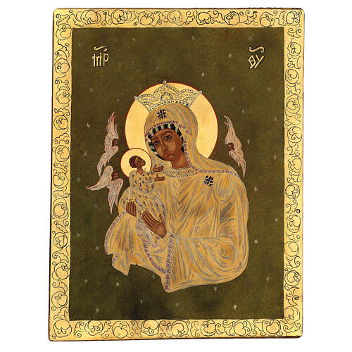 Icono Madre de Dios sobre fondo verde 40x30 cm pintado Rumanía 1