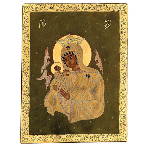 Icône Mère de Dieu sur fond vert 40x30 cm peinte Roumanie 1