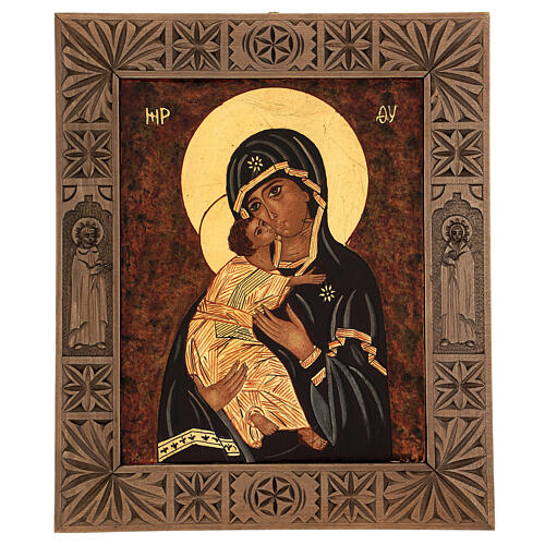 Ícone pintado Madre de Deus Vladimirskaja moldura entalhada dourada Roménia 38x32 cm 1