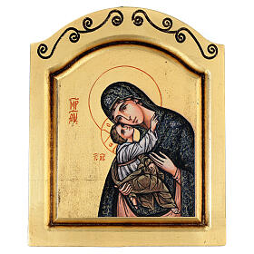 Siebdruck-Ikone der Madonna mit dem Jesuskind mit Schnitzerei auf goldfarbigem Hintergrund, 22 x 18 cm