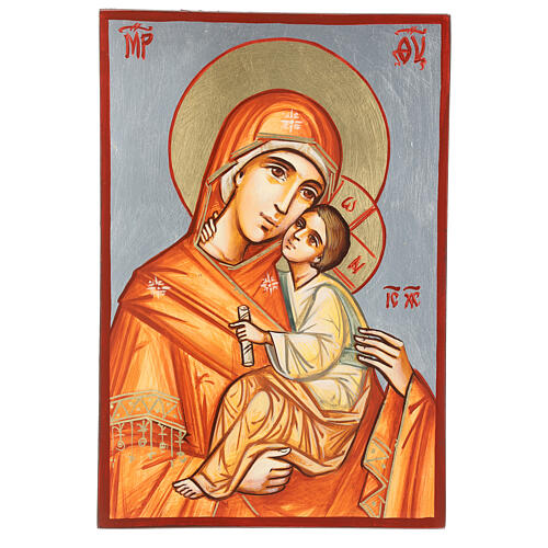 Ikona malowana Madonna z Dzieciątkiem, tło srebrne, 32x22 cm, Rumunia 1