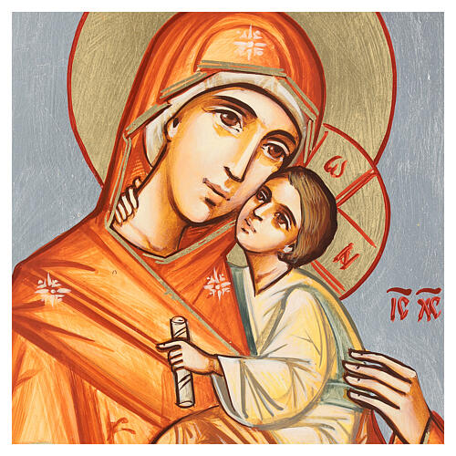 Ikona malowana Madonna z Dzieciątkiem, tło srebrne, 32x22 cm, Rumunia 2