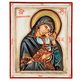 Icône Mère de Dieu Glykophilousa taillée 22x18 cm Roumanie peinte