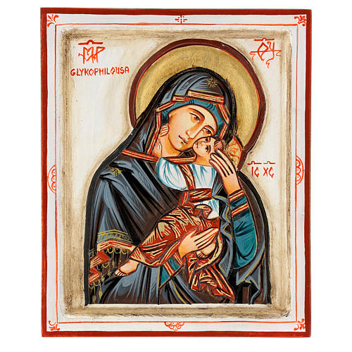 Icône Mère de Dieu Glykophilousa taillée 22x18 cm Roumanie peinte 1