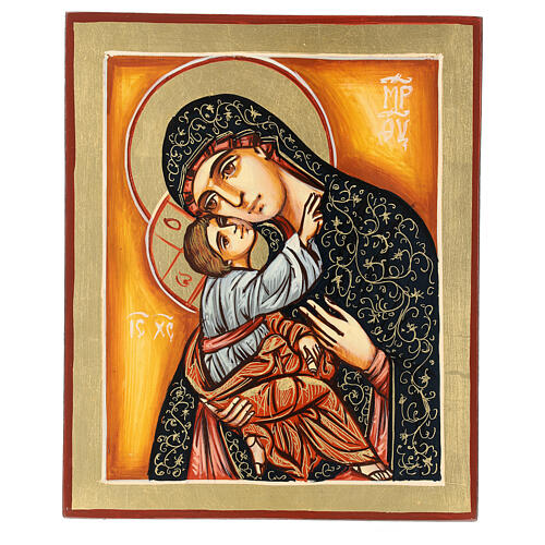 Mother of God of Tenderness painted icon, orange background 22x18 cm Romania 1