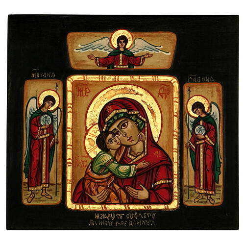 Ikona rumuńska malowana Matka Boża Czuła Włodzimierska z aniołami, 28x28 cm 1