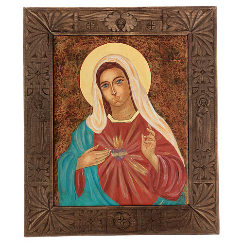 Ikona Święte Serce Maryi, malowana w Rumunii, obramowanie z drewna, 40x30 cm 1