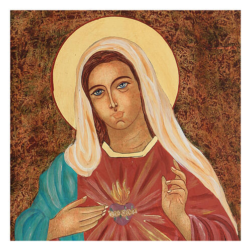 Ikona Święte Serce Maryi, malowana w Rumunii, obramowanie z drewna, 40x30 cm 2