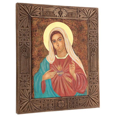 Ikona Święte Serce Maryi, malowana w Rumunii, obramowanie z drewna, 40x30 cm 3