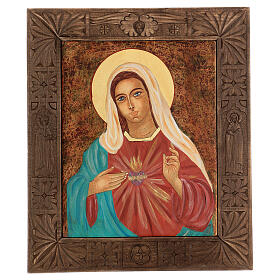 Ícone Sagrado Coração de Maria pintado à mão com moldura de madeira, 38x32 cm