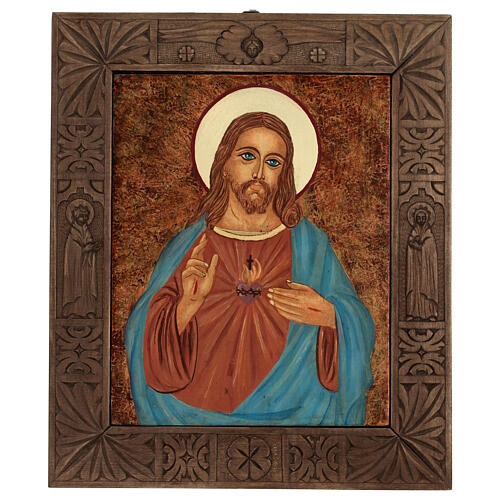 Ícone Sagrado Coração de Jesus pintado à mão com moldura de madeira, 38x32 cm 1