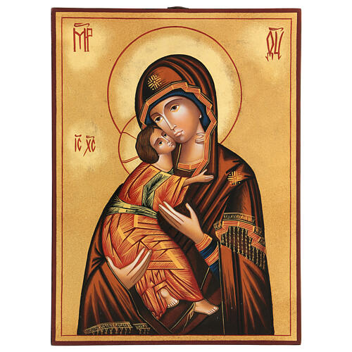 Ícone Nossa Senhora Mãe de Deus Vladimirskaja fundo dourado Roménia 31x23 cm 1